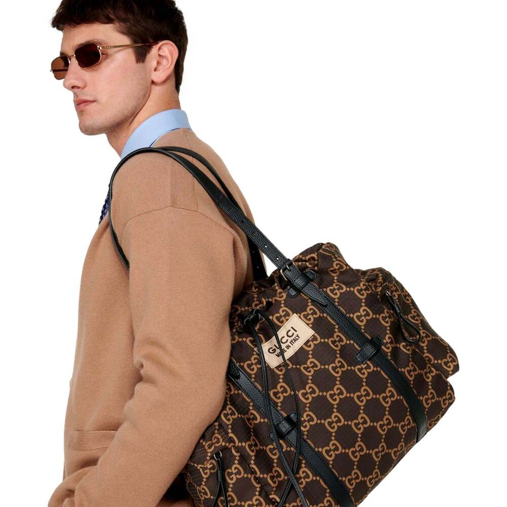 Gucci GG Monogram Utility Tote Bag Brown Ripstop Canvas Leather - Picture 4 of 5